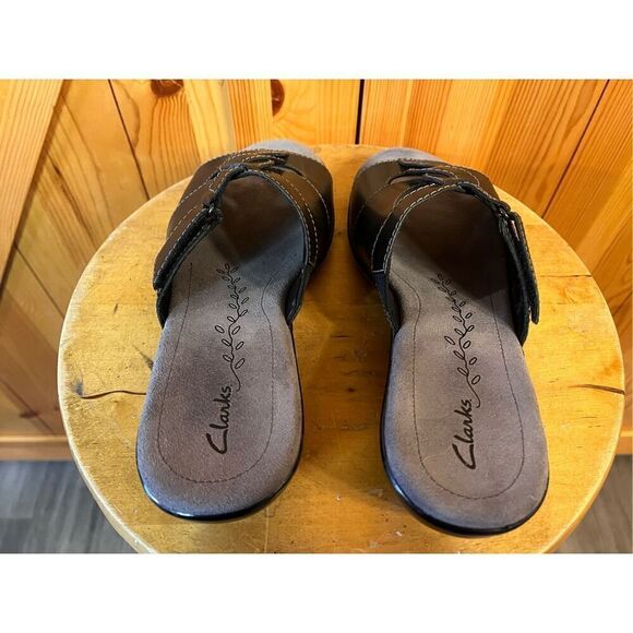 Clarks Women’s Sandals Black Sz 9M Leather  Slides Twists - Picture 5 of 8